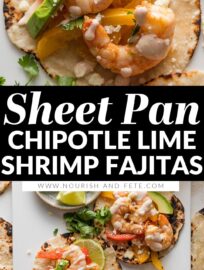 Sheet Pan Shrimp Fajitas make a seriously simple and tasty weeknight dinner! Tender shrimp, peppers, and onions are seasoned with a chipotle lime blend then roasted together, leaving you minimal prep work and clean-up. Add some warm tortillas, guacamole, and chipotle crema to send this meal over the top.