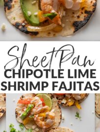 Sheet Pan Shrimp Fajitas make a seriously simple and tasty weeknight dinner! Tender shrimp, peppers, and onions are seasoned with a chipotle lime blend then roasted together, leaving you minimal prep work and clean-up. Add some warm tortillas, guacamole, and chipotle crema to send this meal over the top.