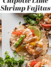 Sheet Pan Shrimp Fajitas make a seriously simple and tasty weeknight dinner! Tender shrimp, peppers, and onions are seasoned with a chipotle lime blend then roasted together, leaving you minimal prep work and clean-up. Add some warm tortillas, guacamole, and chipotle crema to send this meal over the top.