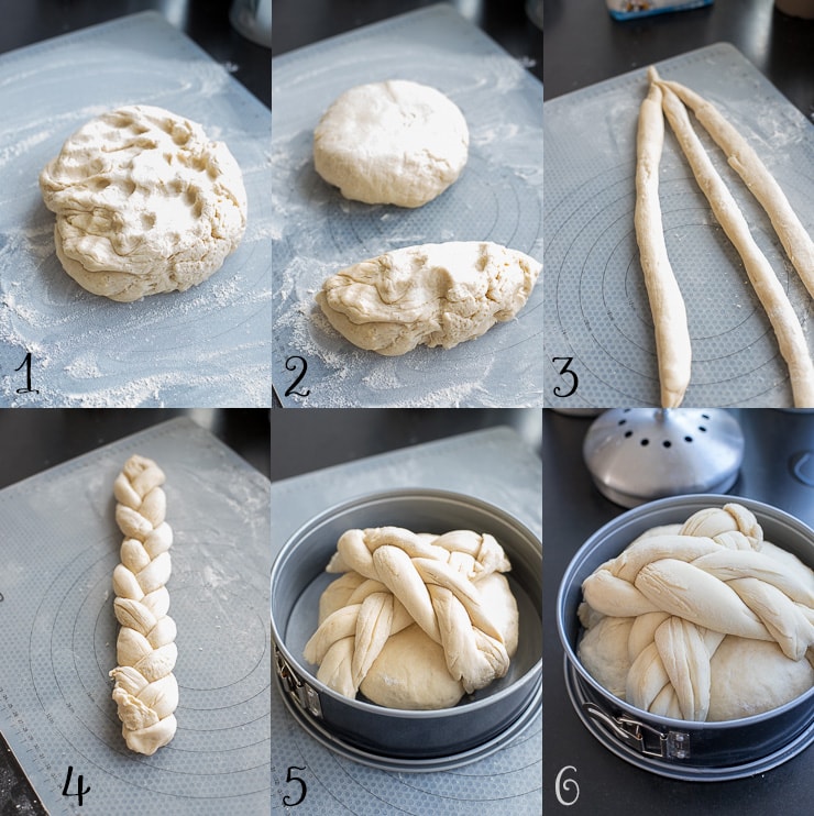 Step-by-step photos showing how to shape a braided cross to top a loaf of homemade Paska, the traditional Slovak Easter bread.