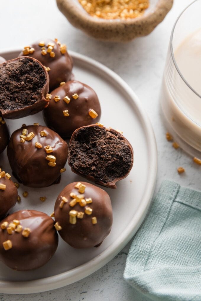Close up of Oreo balls made with Irish cream.
