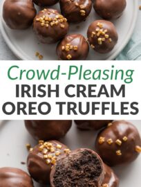 My favorite Oreo truffles are made without cream cheese and with a splash of Irish cream for a decadent treat! They're very easy to make, especially with the help of a food processor, and fun to dip and decorate as you wish. You can definitely taste the Irish cream liqueur, so they'll be a hit with the grown-ups at any St. Patrick's Day gathering.