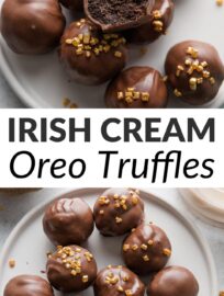 My favorite Oreo truffles are made without cream cheese and with a splash of Irish cream for a decadent treat! They're very easy to make, especially with the help of a food processor, and fun to dip and decorate as you wish. You can definitely taste the Irish cream liqueur, so they'll be a hit with the grown-ups at any St. Patrick's Day gathering.