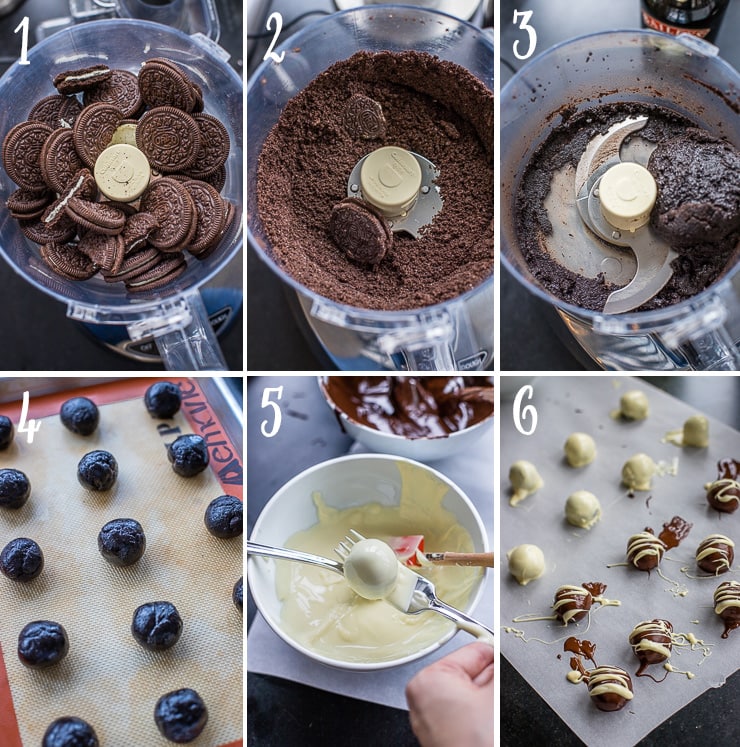 The step-by-step process of making white and dark chocolate-coated Irish cream Oreo truffles.