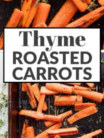Roasted carrots with thyme are one of the simplest and yet most delicious side dishes I know. High heat brings out the natural sweetness of these veggies for a simple, healthy side that just may have people asking for seconds. I can happily even eat these as a snack.