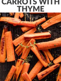 Roasted carrots with thyme are one of the simplest and yet most delicious side dishes I know. High heat brings out the natural sweetness of these veggies for a simple, healthy side that just may have people asking for seconds. I can happily even eat these as a snack.