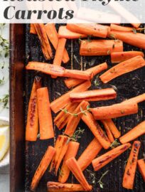 Roasted carrots with thyme are one of the simplest and yet most delicious side dishes I know. High heat brings out the natural sweetness of these veggies for a simple, healthy side that just may have people asking for seconds. I can happily even eat these as a snack.