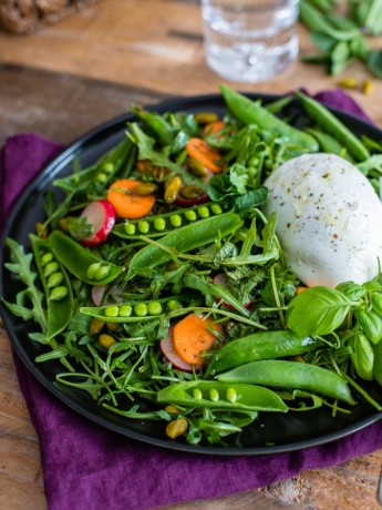 Spring sugar snap pea salad with arugula, carrots, radishes, mint, basil, and Buffalo mozzarella cheese.