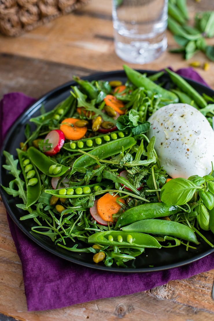 Spring sugar snap pea salad with arugula, carrots, radishes, mint, basil, and Buffalo mozzarella cheese.