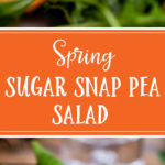 This fresh, bright healthy sugar snap pea salad is perfect for spring, with fresh mint, basil, arugula, carrots, radishes, balsamic vinaigrette, and a generous portion of fresh Buffalo mozzarella cheese. #sugarsnappeas #springsalad #springrecipes #springproduce