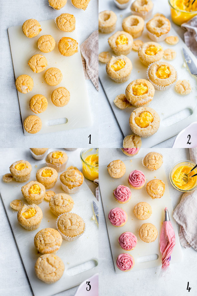 Step-by-step process of assembling filled strawberry lemonade cupcakes.