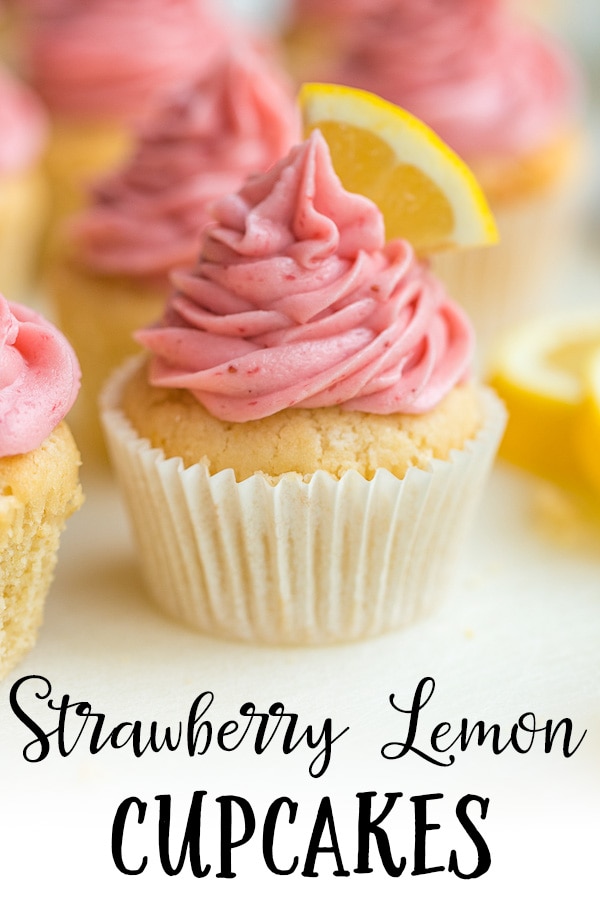 For a fresh, light, sweet treat, strawberry lemonade cupcakes will be a huge hit. Moist lemon cupcakes filled with easy homemade lemon curd and topped with fresh strawberry frosting. #lemoncupcakes #strawberryfrosting #lemoncurd #filledcupcakes
