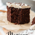 This Mexican chocolate cake is the richest, most moist chocolate cake you've ever had, kicked up with a little cinnamon and a hint of cayenne pepper! Easy to make as a sheet cake with cinnamon frosting, a perfect dessert for Cinco de Mayo. #cincodemayo #mexicanchocolate #sheetcake #cinnamonfrosting