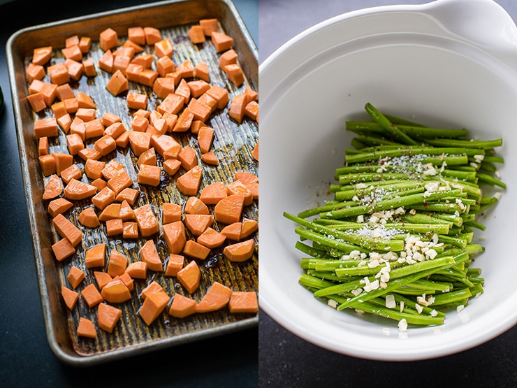 Peeled, cubed sweet potato ready to roast on a sheet pan, and green beans prepped to be added after a few minutes.