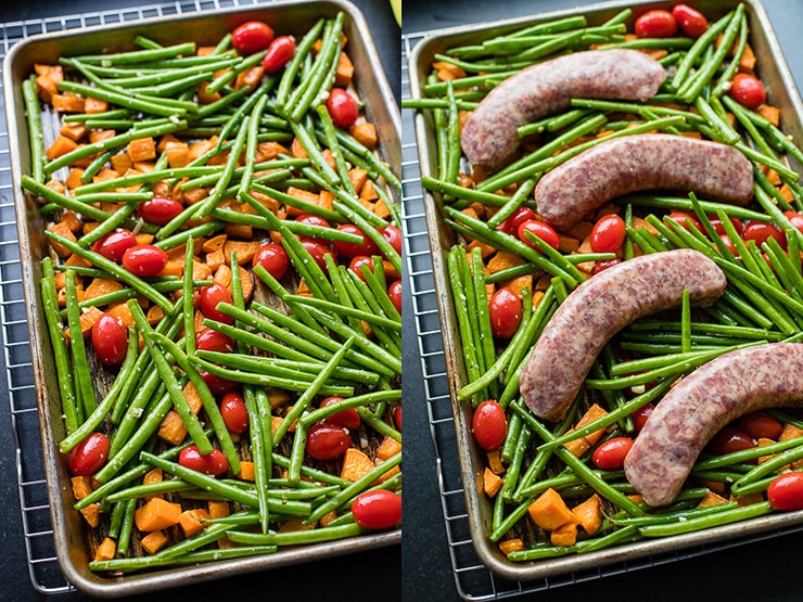 Sweet potatoes, green beans, and cherry tomatoes mixed on a sheet pan ready to roast, then topped with Italian sausage for a full sheet pan dinner.