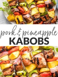 These pork pineapple kabobs combine juicy marinated cubes of meat, sweet chunks of pineapple and mango, and colorful veggies. If you're looking for something a little new and exciting to grill, these pork kabobs are always a winner!