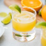 Close-up of a cocktail glass filled with a skinny margarita.