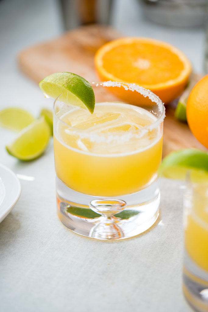 Close-up of a cocktail glass filled with a skinny margarita.