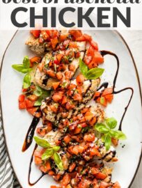 This easy Bruschetta Chicken recipe is bursting with fresh Italian flavors and ready in less than 30 minutes. Tender chicken is topped with juicy tomato-basil bruschetta and drizzled with a sweet balsamic glaze for a simple meal that feels elevated.