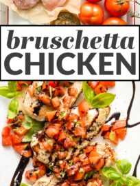 This easy Bruschetta Chicken recipe is bursting with fresh Italian flavors and ready in less than 30 minutes. Tender chicken is topped with juicy tomato-basil bruschetta and drizzled with a sweet balsamic glaze for a simple meal that feels elevated.