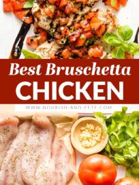 This easy Bruschetta Chicken recipe is bursting with fresh Italian flavors and ready in less than 30 minutes. Tender chicken is topped with juicy tomato-basil bruschetta and drizzled with a sweet balsamic glaze for a simple meal that feels elevated.
