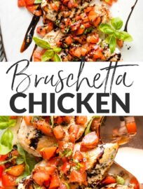 White platter filled with bruschetta chicken, ready to serve.