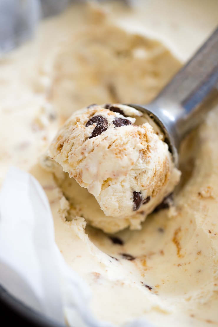Close-up of a scoop of no churn s'mores ice cream.
