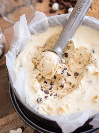 Close-up of a scoop of no churn s'mores ice cream.