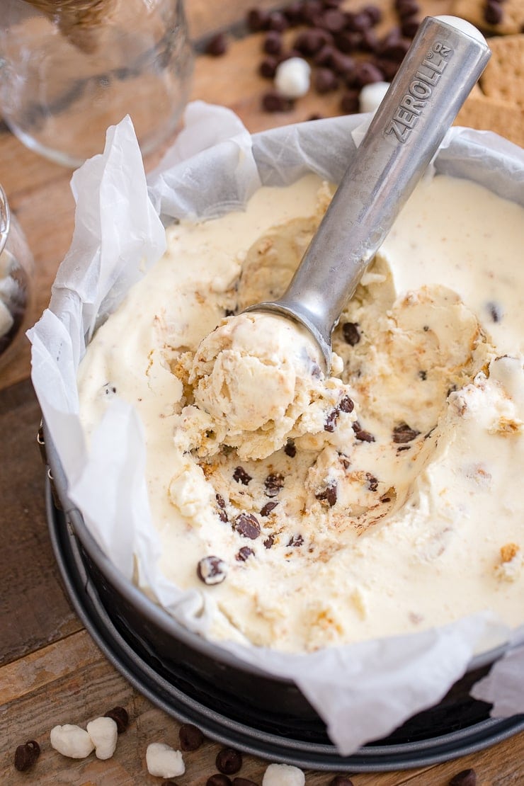 Close-up of a scoop of no churn s'mores ice cream.