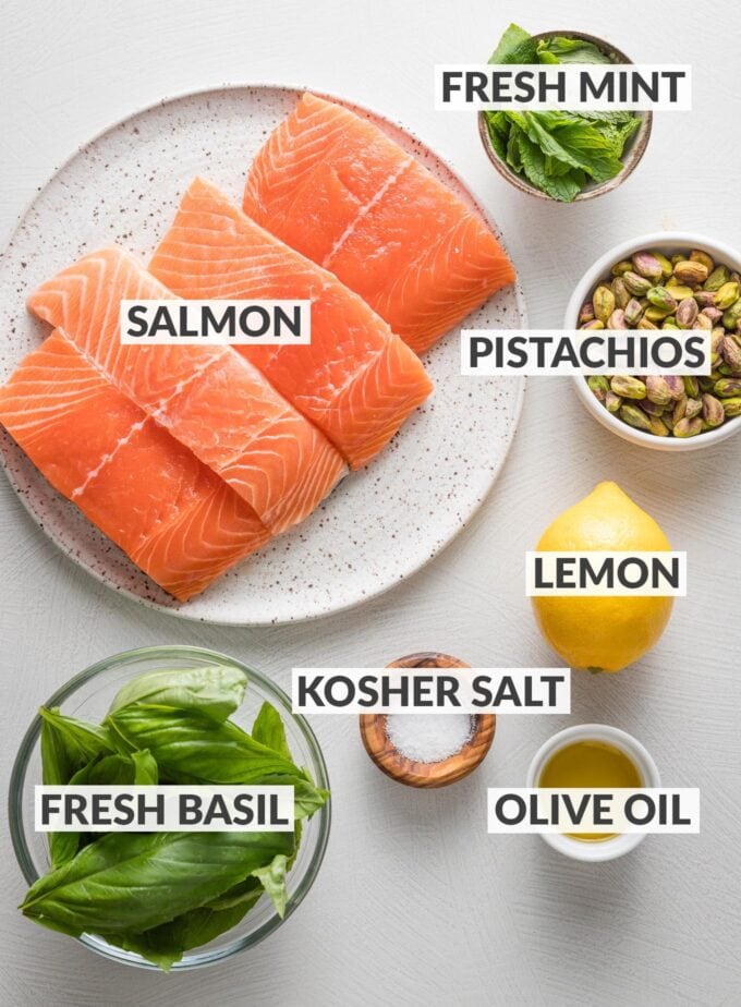 Labeled overhead image of salmon fillets, shelled pistachios, fresh basil and mint, a whole lemon, olive oil, and kosher salt.