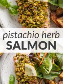 This pan-seared pistachio herb salmon recipe is easy, elegant, and shines with flavor and texture. Start with heart-healthy salmon filets, sear for a crisp exterior and flaky inside, then top with a crunchy, bright-tasting medley of pistachios, lemon, basil, and mint. This is a personal favorite for something nutrient-dense and delicious!