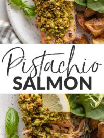 This pan-seared pistachio herb salmon recipe is easy, elegant, and shines with flavor and texture. Start with heart-healthy salmon filets, sear for a crisp exterior and flaky inside, then top with a crunchy, bright-tasting medley of pistachios, lemon, basil, and mint. This is a personal favorite for something nutrient-dense and delicious!