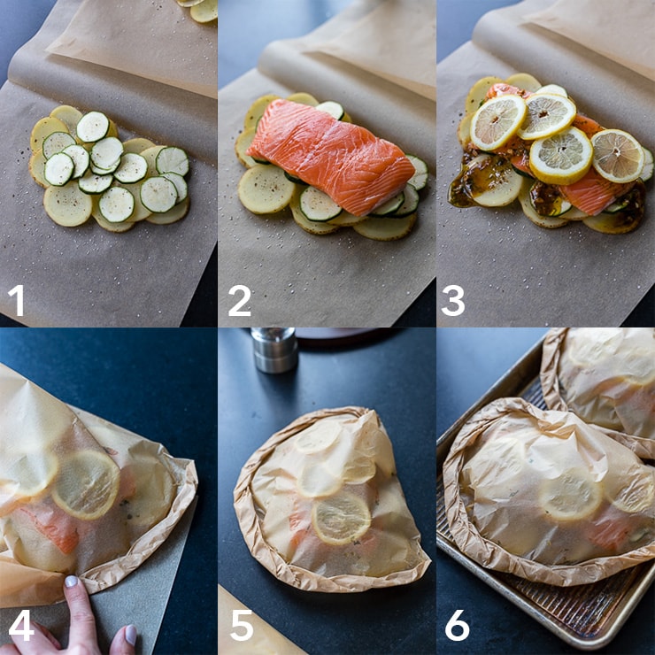 Step-by-step photos of baking salmon in parchment paper.