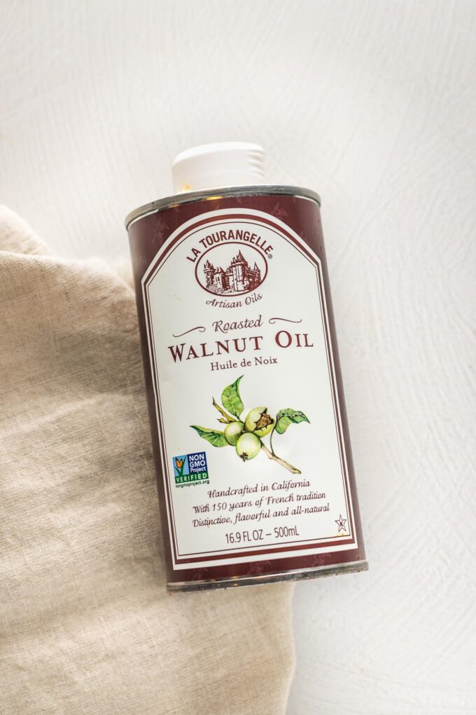 Close-up of a bottle of walnut oil.