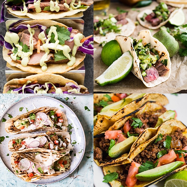 Collage of four beef and lamb taco recipes.