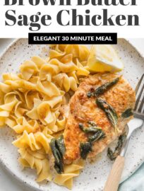 Brown Butter Sage Skillet Chicken is a long-time favorite! Juicy chicken breasts, rich sage-infused browned butter, white wine, and a squeeze of lemon juice combine in the most delicious 30 minute chicken dinner that feels worthy of any restaurant.