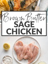 Brown Butter Sage Skillet Chicken is a long-time favorite! Juicy chicken breasts, rich sage-infused browned butter, white wine, and a squeeze of lemon juice combine in the most delicious 30 minute chicken dinner that feels worthy of any restaurant.