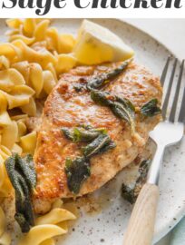 Brown Butter Sage Skillet Chicken is a long-time favorite! Juicy chicken breasts, rich sage-infused browned butter, white wine, and a squeeze of lemon juice combine in the most delicious 30 minute chicken dinner that feels worthy of any restaurant.