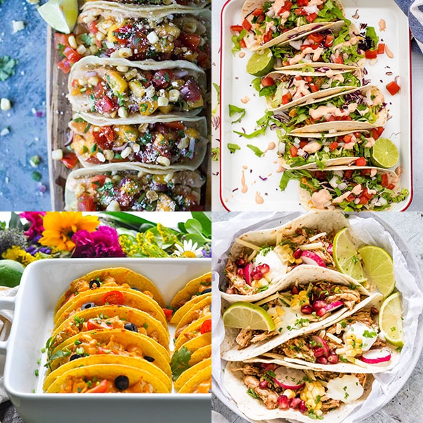 Collage of four chicken taco recipes.
