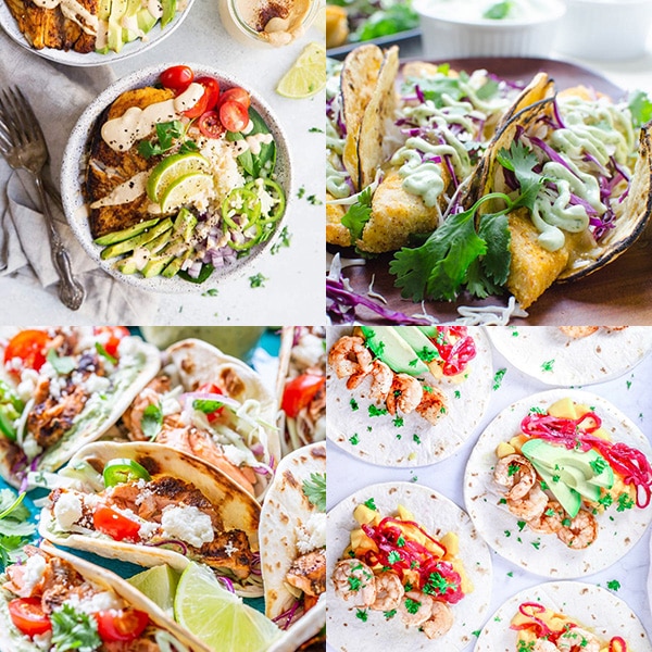 Collage of four fish taco recipes.