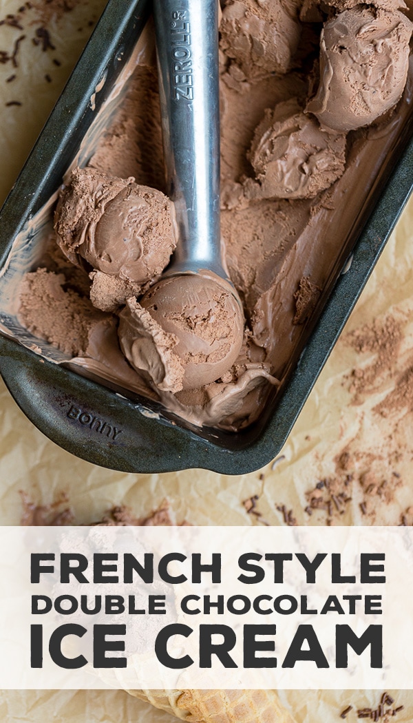 The ultimate chocolate ice cream recipe! French style double chocolate ice cream relies on a custard for the creamiest result, and is easier to make at home than you might think! #icecreamrecipes #chocolateicecream