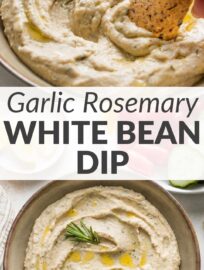 This garlic rosemary white bean dip is simple, healthy, and delicious. It's a terrific addition to any party platter or appetizer spread, but equally deserving as a simple snack to enjoy yourself. We love it with pita, tortilla wedges, or crisp raw veggies.