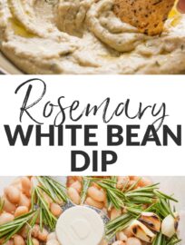 This garlic rosemary white bean dip is simple, healthy, and delicious. It's a terrific addition to any party platter or appetizer spread, but equally deserving as a simple snack to enjoy yourself. We love it with pita, tortilla wedges, or crisp raw veggies.
