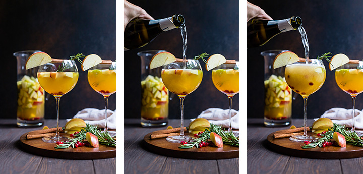 3-part photo of pouring sparkling wine into a white sangria.