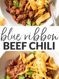This classic Blue Ribbon Chili with beef and beans is the ultimate comfort food for cool weather, football watching, and potlucks. Plus it's the easiest chili recipe you'll ever make!