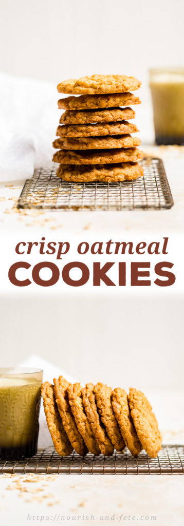 An easy recipe for crisp oatmeal cookies with an ever-so-slightly chewy center. Perfect for a simple sweet snack and dunking into a cold glass of milk! #oatmealcookies #baking #bakingrecipes