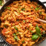 Large pot of pasta with homemade vodka sauce.