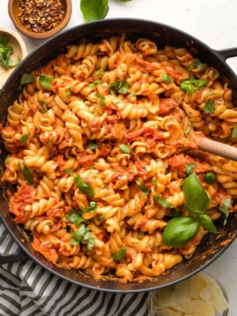 Large pot of pasta with homemade vodka sauce.