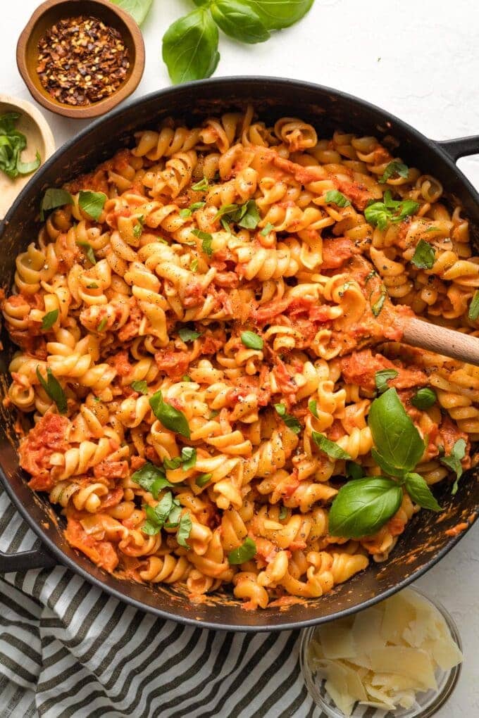 Large pot of pasta with homemade vodka sauce.