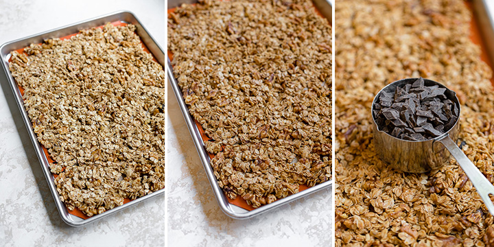 Three photos showing how homemade granola progresses from light to golden brown as it bakes.